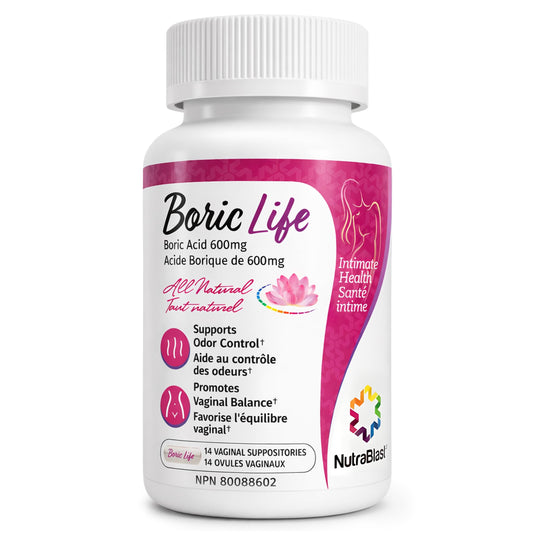 NutraBlast Boric Acid Vaginal Suppositories - 100% Pure Made in USA - Boric Life Intimate Health Support (14 Count) - Available at All In One Marketplace Canada