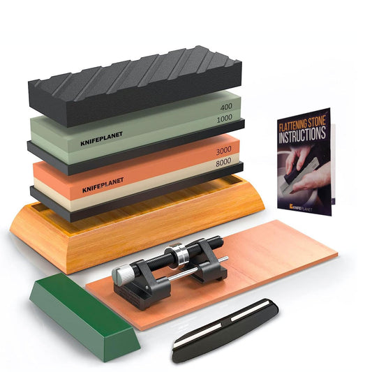 Knife Sharpening Stone Set – 400/1000 and 3000/8000-Grit Professional, Safe Knife Sharpener Set – Whetstone Set Includes Flattening Stone, Bamboo Base, and 2 Nonslip Rubber Bases - Available at All In One Marketplace Canada