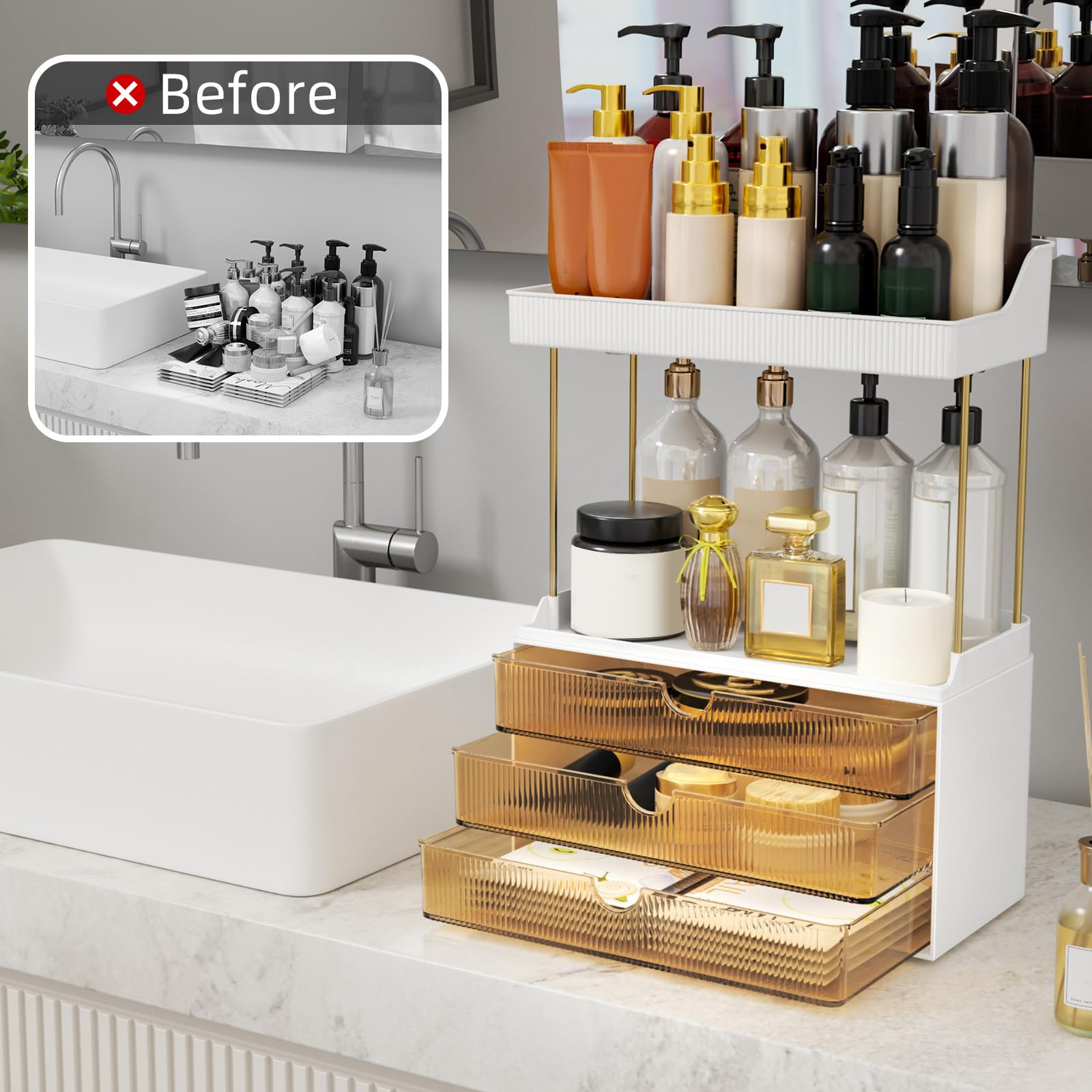 StorBin 3 Large Drawers Makeup Organizer - 5 Tier Bathroom Counter Organizers and Storage, Versatile Perfume Vanity Organizer, Ideal for Cosmetic, Large Skincare, Face Mask, Office Supplies, Amber - Available at All In One Marketplace Canada