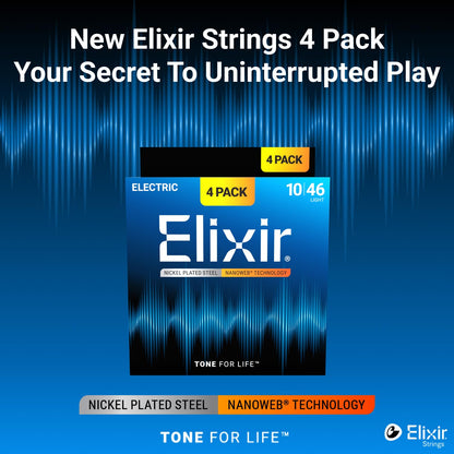 Elixir Strings, Electric Guitar Strings, Nickel Plated Steel with NANOWEB Technology, Longest-Lasting Bright Tone with Comfortable Feel, 4 Pack, Light 10-46 Elixir
