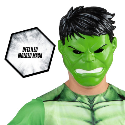 Costume d'Halloween officiel Marvel Hulk pour enfant - Combinaison en tissu de qualité supérieure avec motif imprimé et masque en plastique (Grand) Vert