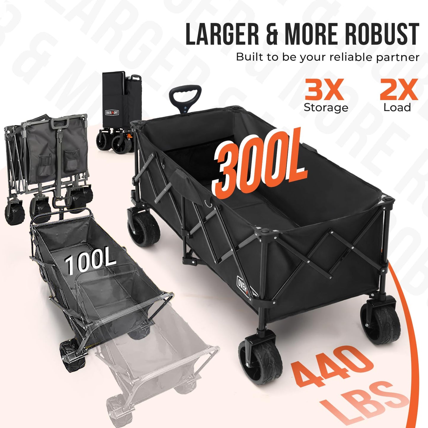 Overmont 300L Foldable Collapsible Wagon - Heavy Duty Utility Beach Wagon Cart with Rotatable Wide Wheels Inside Pockets for Camping Garden Shopping Sports - 440lbs Load OVERMONT