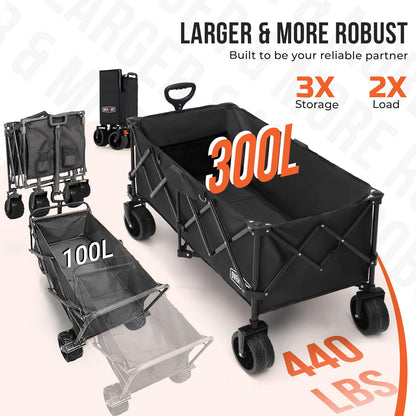 Overmont 300L Foldable Collapsible Wagon - Heavy Duty Utility Beach Wagon Cart with Rotatable Wide Wheels Inside Pockets for Camping Garden Shopping Sports - 440lbs Load OVERMONT