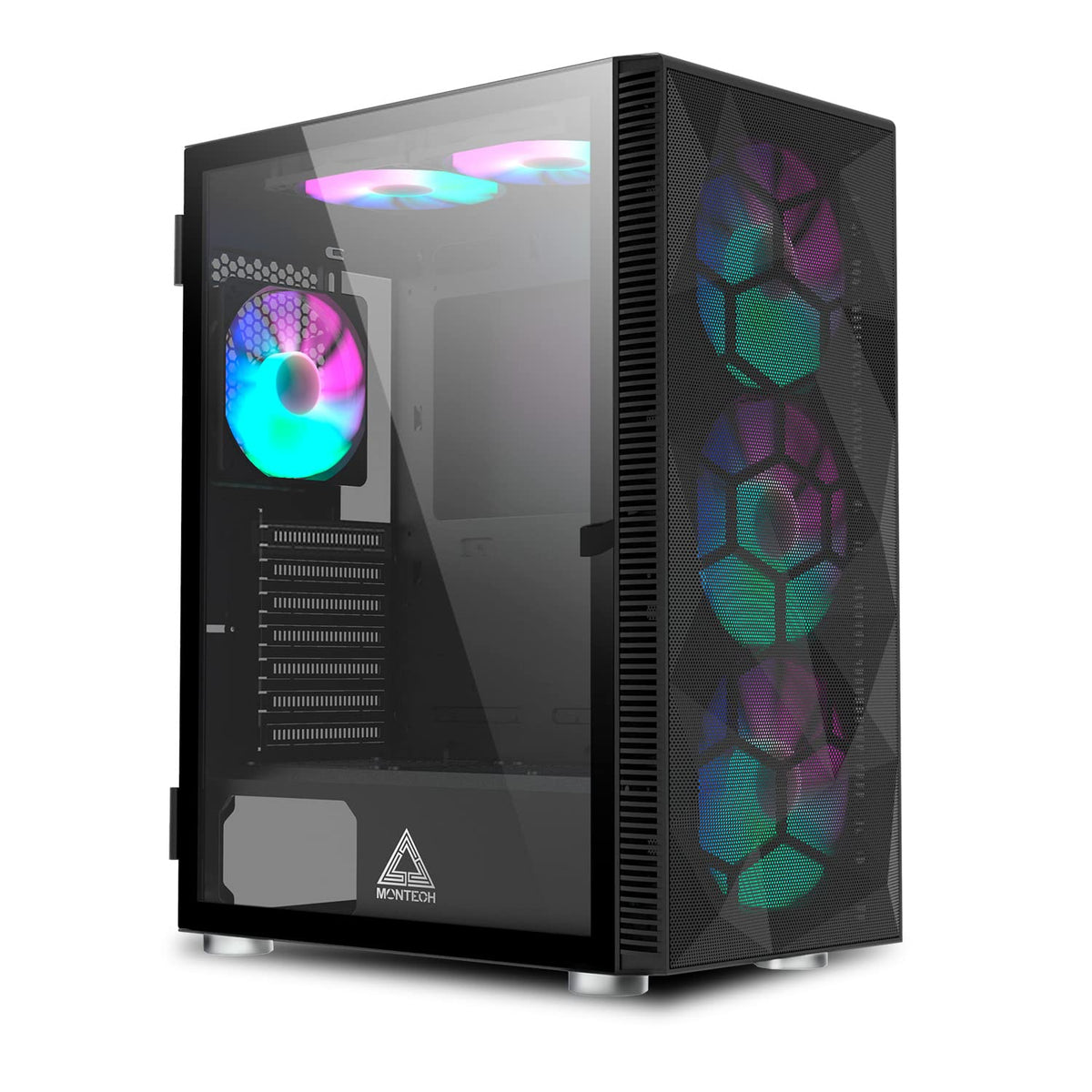 Montech X3 Mesh 6pcs, 3 x 140mm& 3 x 120mm Fixed RGB Lighting Fans ATX Mid-Tower PC Gaming Case, USB3.0, Door Open Tempered Glass Side Panel, High Airflow, Black