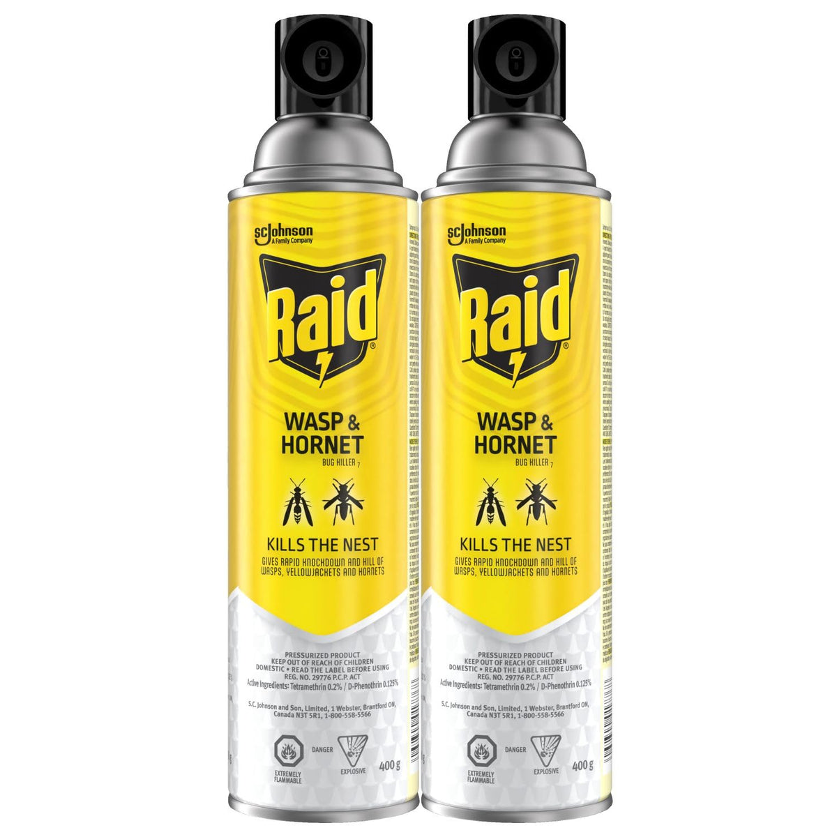 Raid Wasp and Hornet Killer, Wasp Killer Spray for Home Use Kills Bugs and Nests on Contact, Including Paper Wasps, Yellow Jackets, Mud Daubers and More, 400g (Pack of 2)