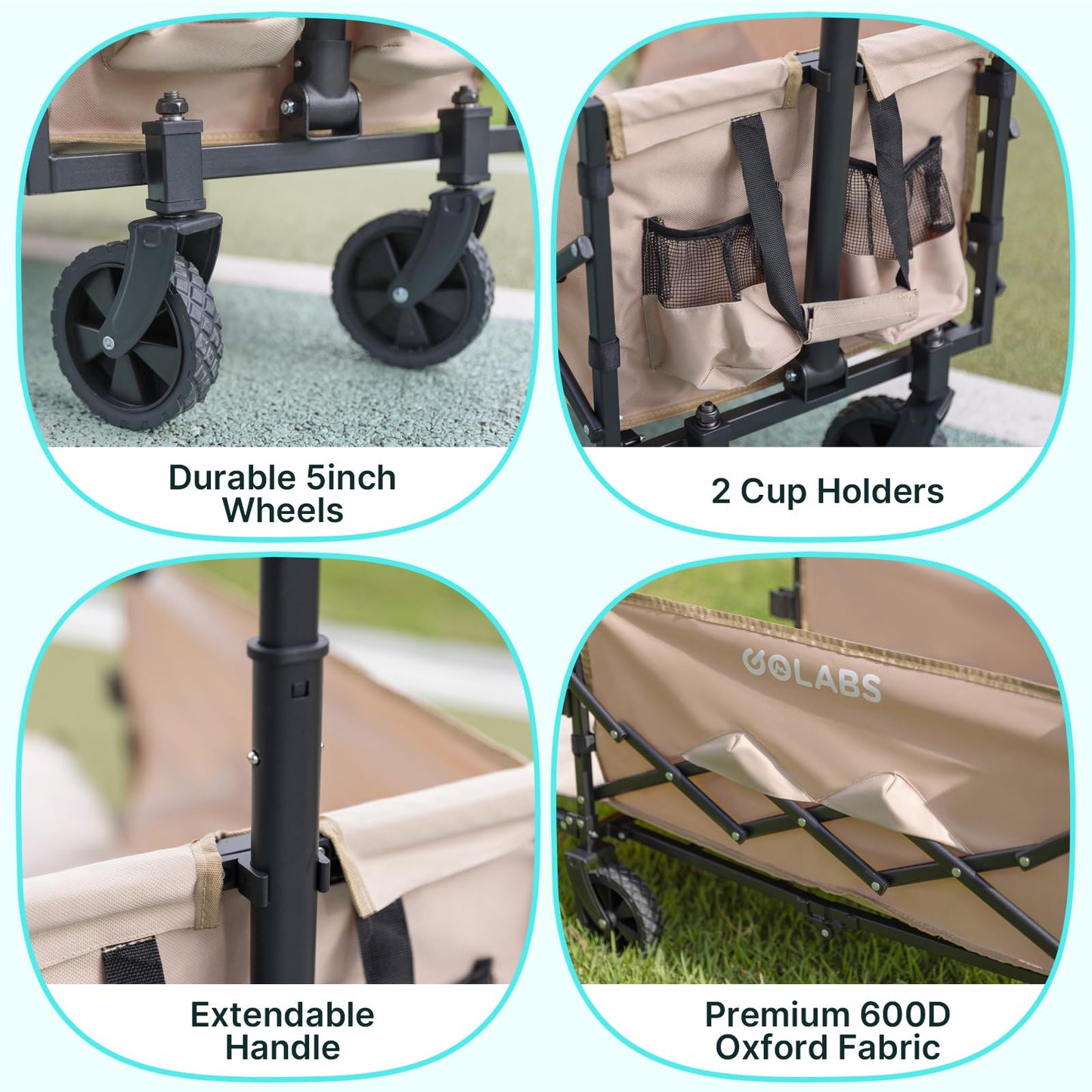 Golabs Collapsible Wagon Cart Max 350lb Load & Expandable Storage 100L, Double Bearing Design for Flexible Steering, Foldable Heavy Duty Garden Cart with 2 Cup Holders for Groceries, Garden & Camping - Available at All In One Marketplace Canada