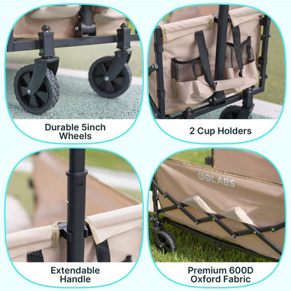 Golabs Collapsible Wagon Cart Max 350lb Load & Expandable Storage 100L, Double Bearing Design for Flexible Steering, Foldable Heavy Duty Garden Cart with 2 Cup Holders for Groceries, Garden & Camping - Available at All In One Marketplace Canada