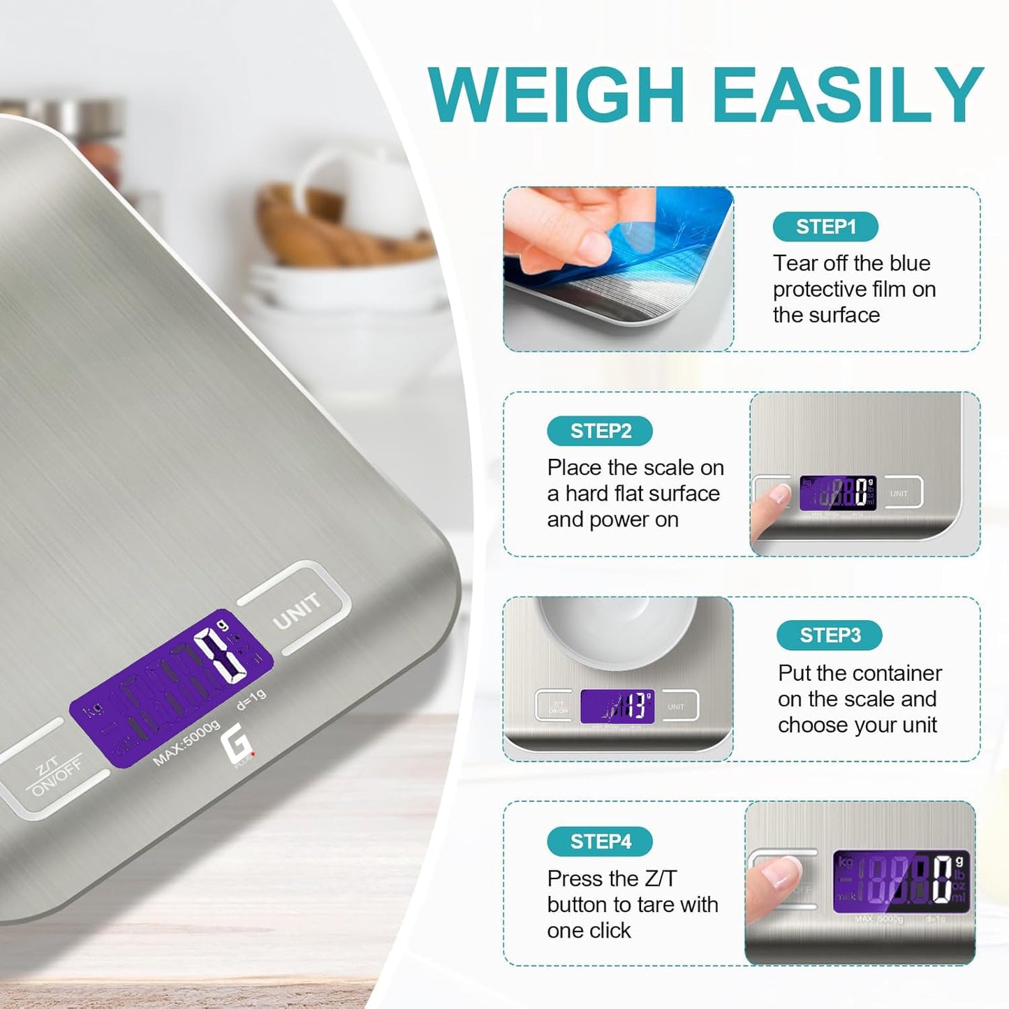 Food Scale, GPlus+ Digital Kitchen Scale, Highly Accurate 5000g/11lb x 0.1oz, Food Scale for Cooking, Baking and Weight Loss, Kitchen Scale with Backlit - Batteries Included - Available at All In One Marketplace Canada