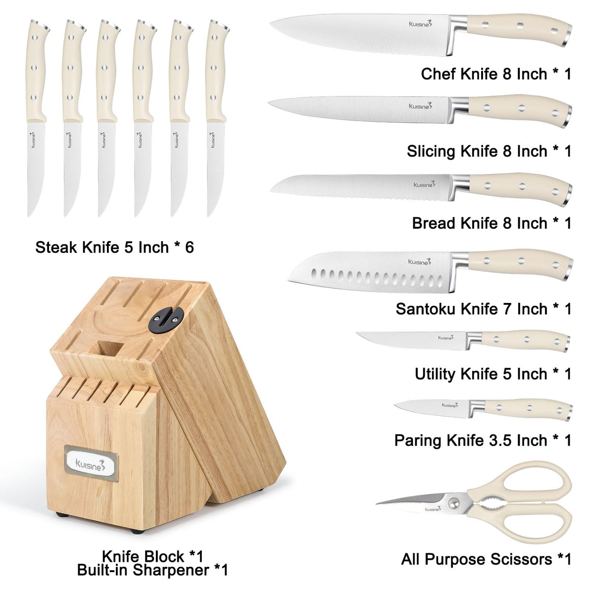 Kuisine Chef Knife Set,High Carbon Stainless Steel Ultra Sharp Blade Ergonomic Handle,Kitchen Knife Block Set with Built-in Sharpener, Elegant Gift for Holiday(Ivory Pro,15PCS) 🍁 All In One Marketplace Canada