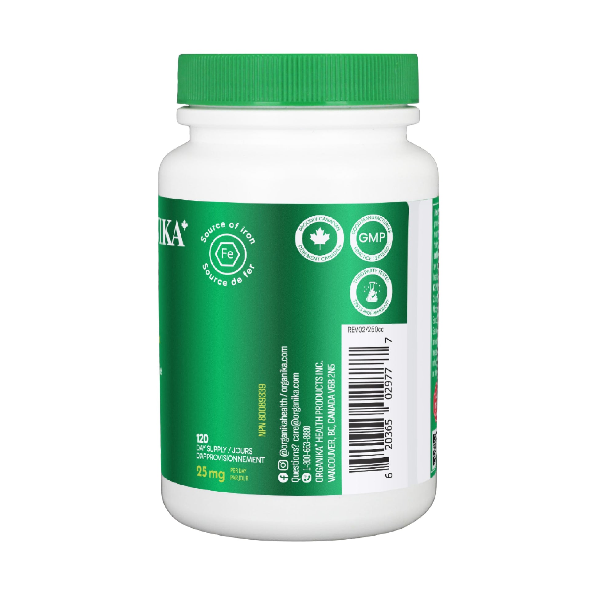 Organika Canadian-Made Absolute Iron - Iron Bisglycinate- High Availability, Gentle on Stomach, Boost Iron Levels- Beneficial for Women and Vegetarians- 120vcaps - Available at All In One Marketplace Canada