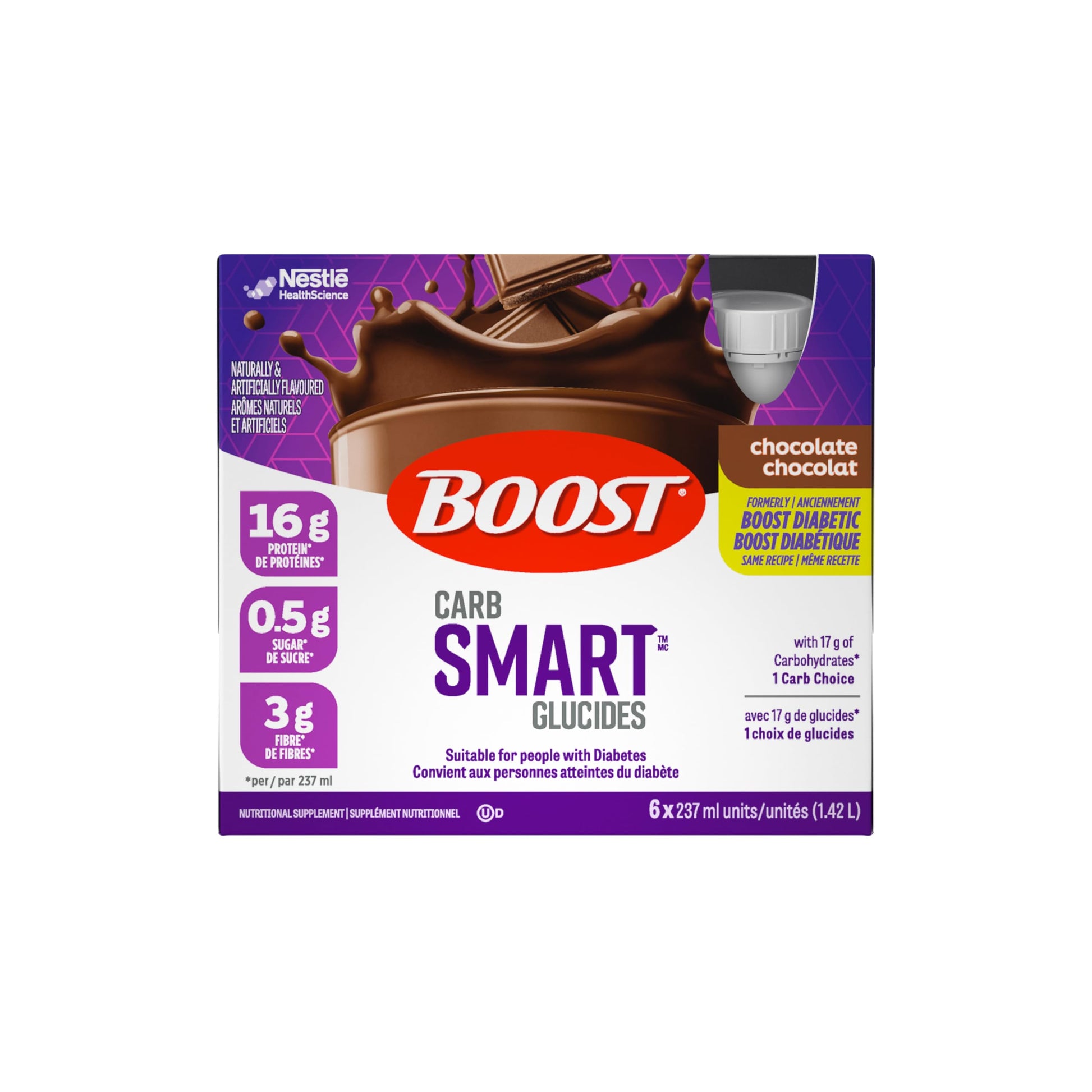 BOOST CarbSmart Chocolate - High Protein, Low Sugar Nutritional Drink, 16g Protein, 24 Essential Vitamins & Minerals, Diabetic-Friendly, Gluten-Free, Kosher, 24-Pack