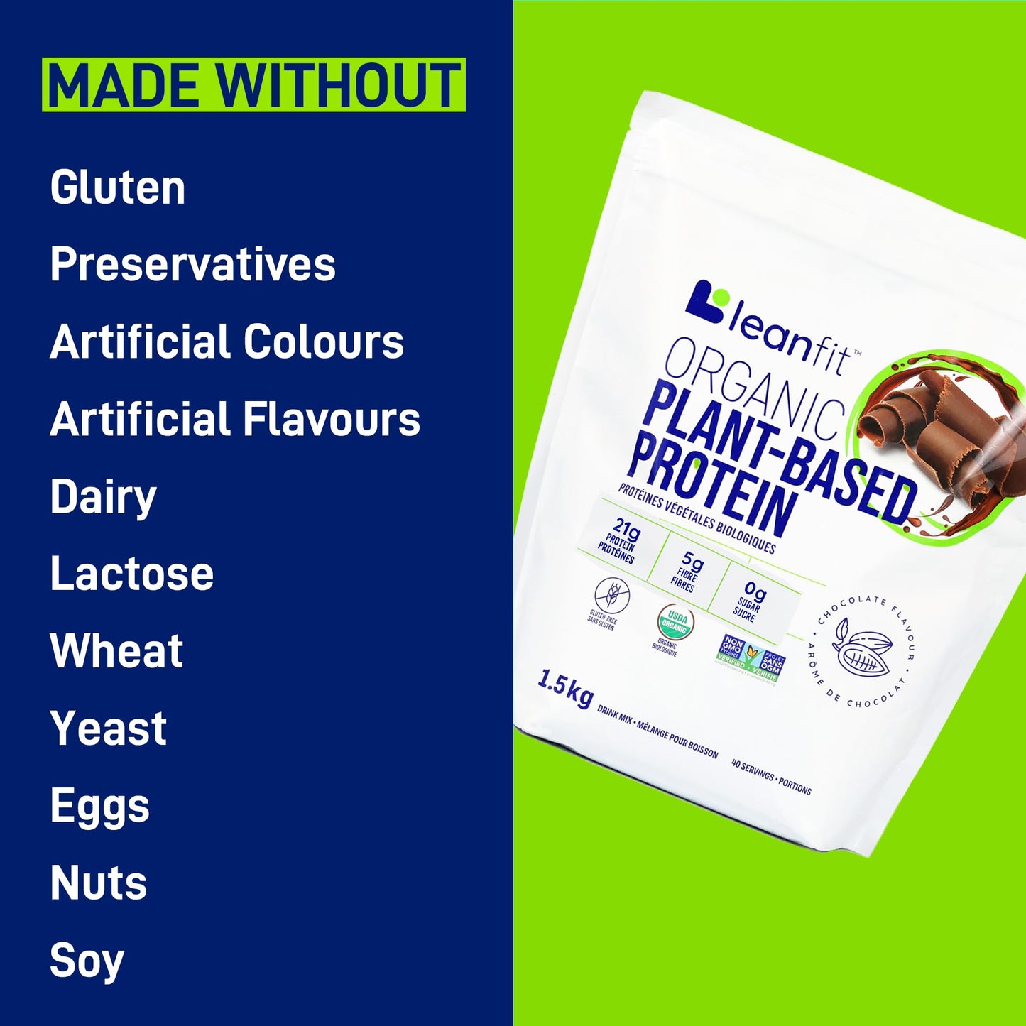 LEANFIT ORGANIC PLANT-BASED PROTEIN, Natural Chocolate - Vegan, Soy Free, Gluten Free, Dairy Free, Sugar Free - 21g Protein, 40 Servings, 1.5kg Bag