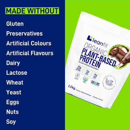 LEANFIT ORGANIC PLANT-BASED PROTEIN, Natural Chocolate - Vegan, Soy Free, Gluten Free, Dairy Free, Sugar Free - 21g Protein, 40 Servings, 1.5kg Bag