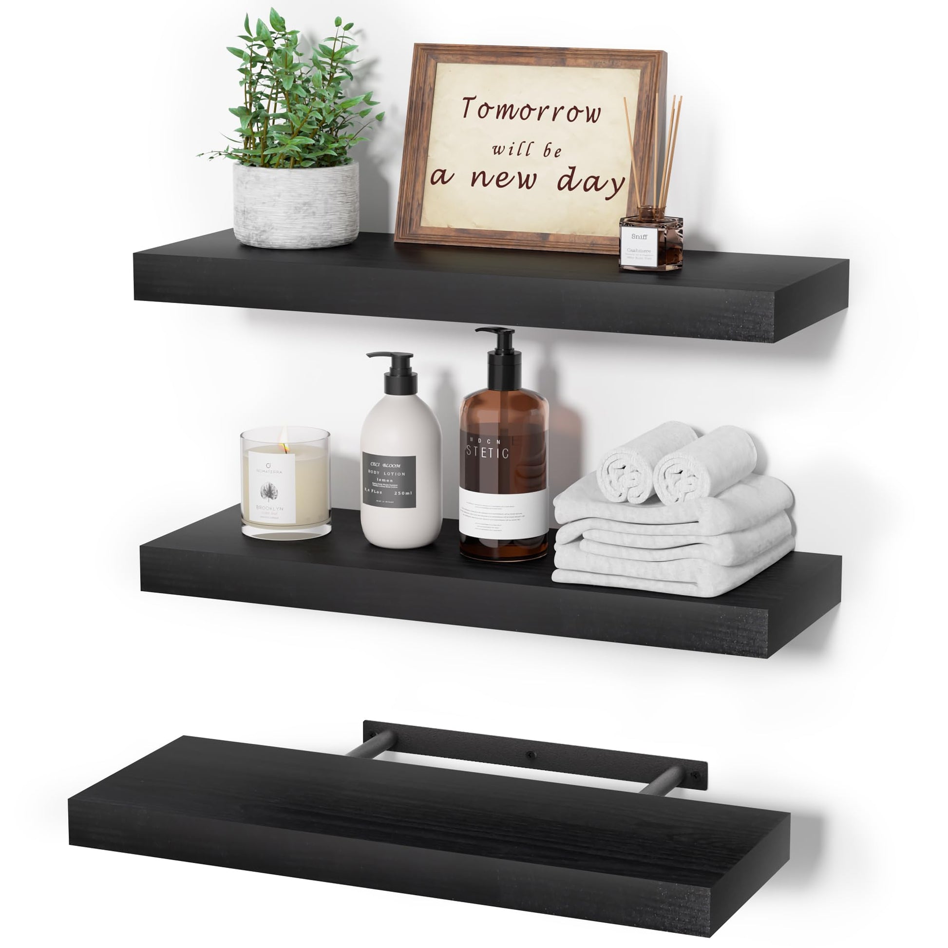 upsimples 16.5" L Black Wooden Floating Shelves with Invisible Brackets, Wall Mounted Modern Wood Shelves Set of 3, for Bathroom Bedroom - Available at All In One Marketplace Canada