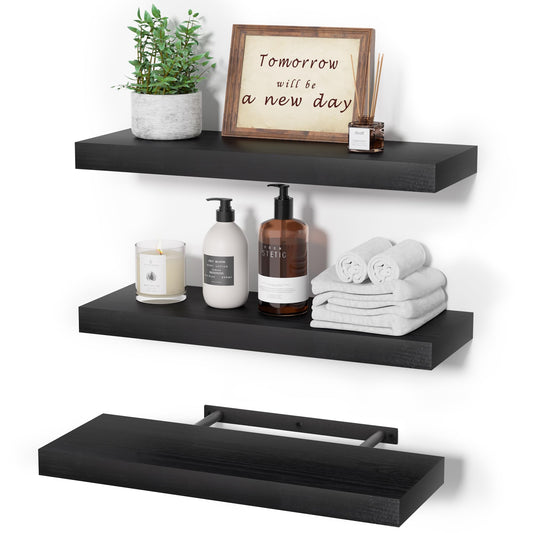upsimples 16.5" L Black Wooden Floating Shelves with Invisible Brackets, Wall Mounted Modern Wood Shelves Set of 3, for Bathroom Bedroom - Available at All In One Marketplace Canada