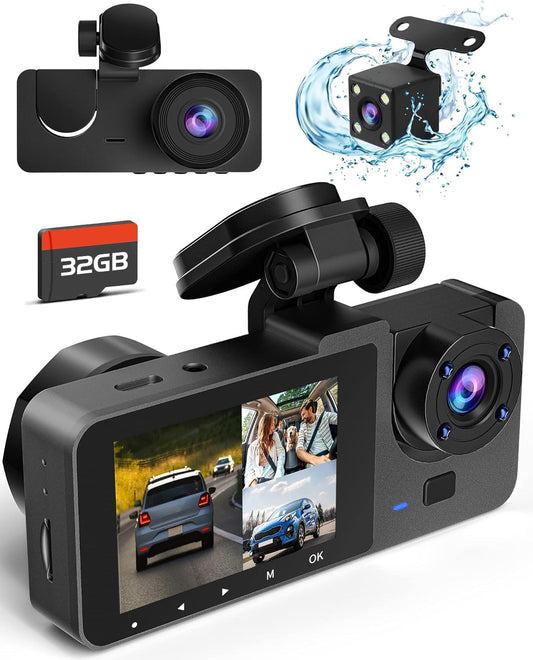 Dash Camera for Cars, 4K Dash Cam Front and Rear, Triple Car Camera with 32GB Card,Built-in IR Night Vision,2.0'' IPS Screen,170°Wide Angle,WDR,HDR,G-Sensor,24H Parking Mode, Loop Recording