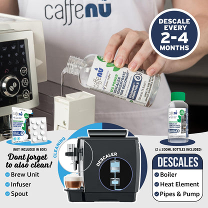 Delonghi Compatible Descaling Solution. 2 Bottles of Descaler Solution. Descaling Kit Removes Limescale For Hotter Coffee. 4 Uses Descaler For Delonghi Coffee Machines. - Available at All In One Marketplace Canada