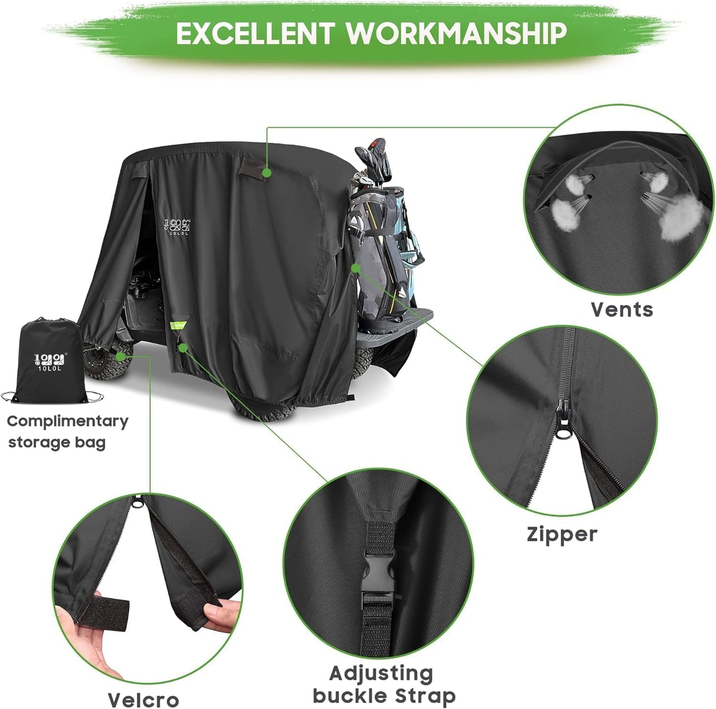 10L0L Universal 2-4 Passenger Golf Cart Cover for EZGO, Club Car and Yamaha, Waterproof Sunproof and Durable, Black - Available at All In One Marketplace Canada