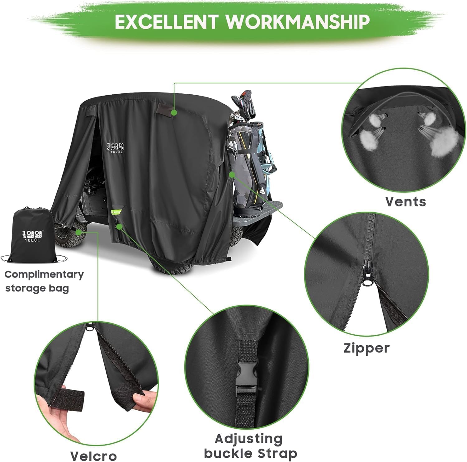 10L0L Universal 2-4 Passenger Golf Cart Cover for EZGO, Club Car and Yamaha, Waterproof Sunproof and Durable, Black - Available at All In One Marketplace Canada