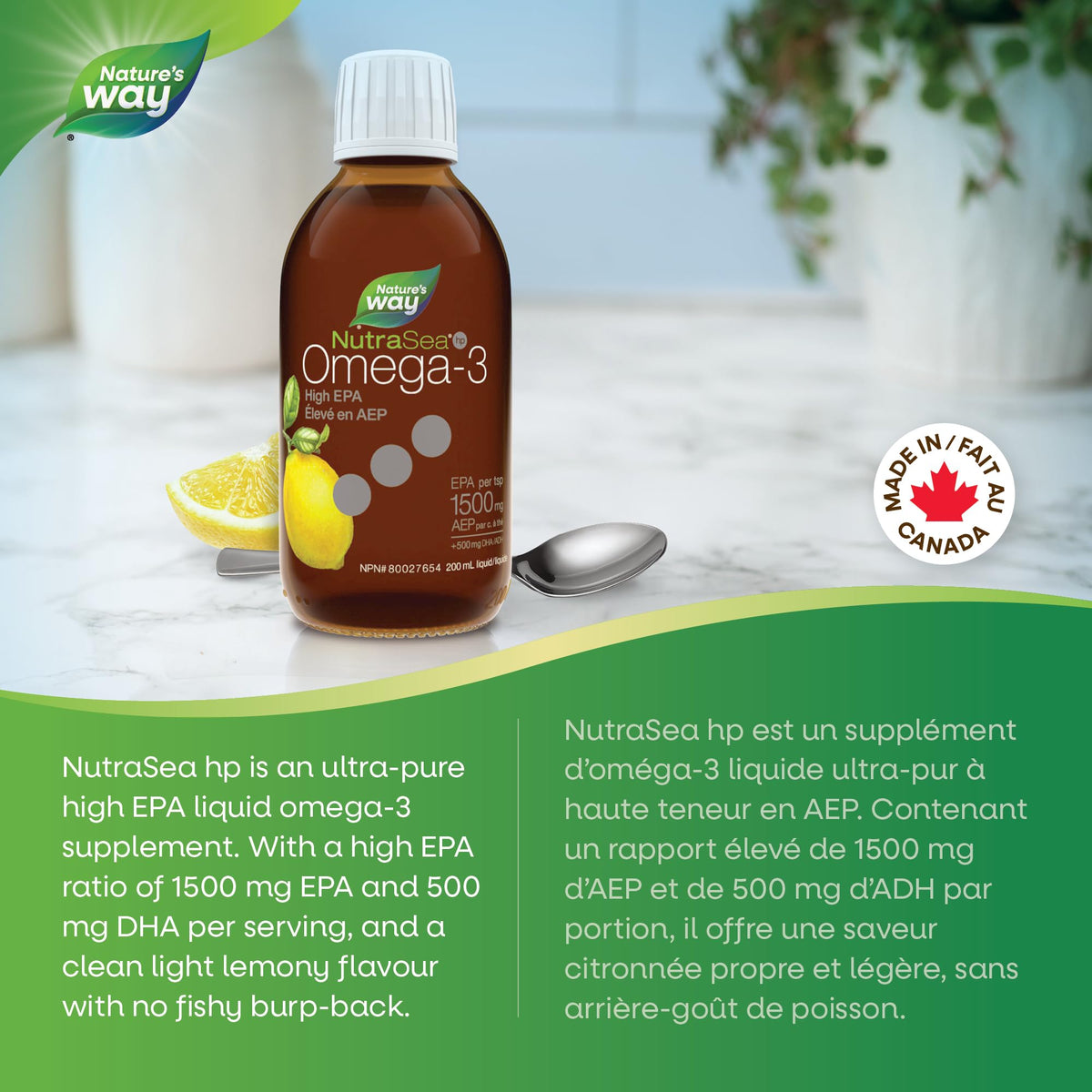 Nature's Way NutraSea HP Omega 3 High EPA Fish Oil Liquid Supplement for Adults and Kids 1+ – Lemon Flavour, Non-GMO – Heart & Brain Support – 1500mg EPA, 200 mL