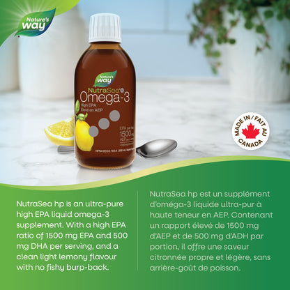 Nature's Way NutraSea HP Omega 3 High EPA Fish Oil Liquid Supplement for Adults and Kids 1+ – Lemon Flavour, Non-GMO – Heart & Brain Support – 1500mg EPA, 200 mL
