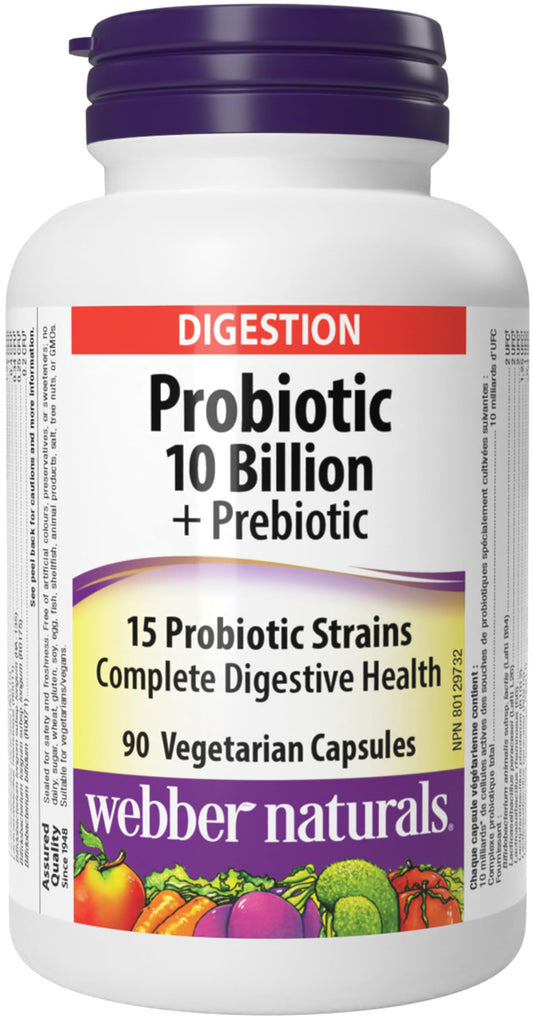 Webber Naturals Probiotic with Prebiotic, 10 Billion Active Cells, 15 Probiotic Strains, 90 Capsules, For Digestive Health, Vegan - Available at All In One Marketplace Canada