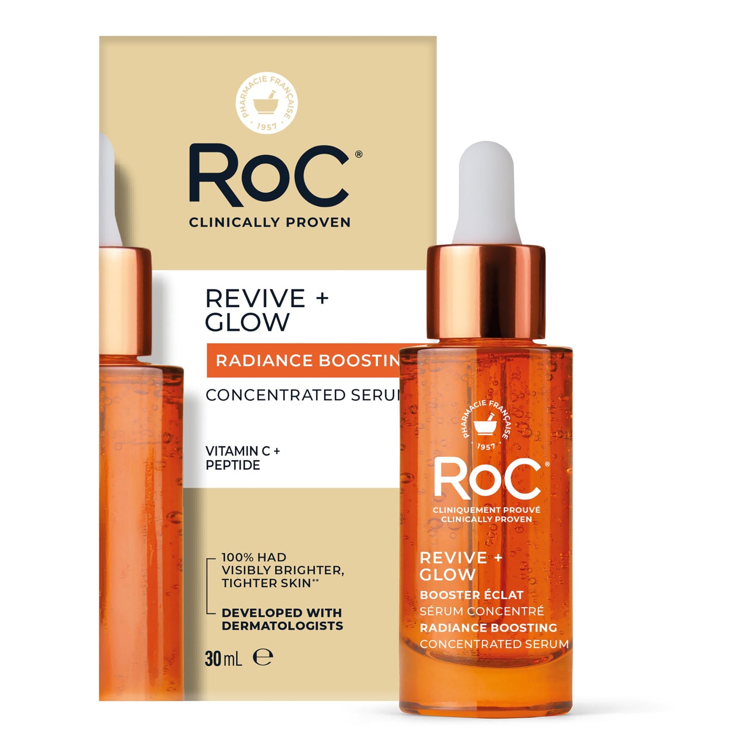 RoC Multi Correxion® Revive + Glow 10% Active Vitamin C Serum for Face, Daily Anti-Aging Wrinkle and Skin Tone Skin Care Treatment, Brightening Serum for Dark Spots, 30ML, Clear RoC