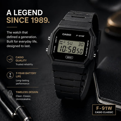 Casio F-91WB Series | Men's Digital Watch | Environmentally Friendly Bio-Based Resin | Alarm | Date Indicator | 7-Year Battery, Black