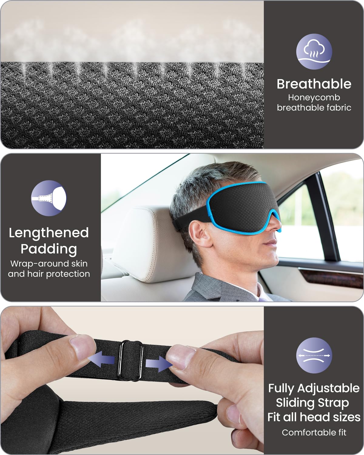 WAOAW Sleep Mask Blackout, Eye Mask for Sleeping - 3D Breathable Soft Comfortable， Adjustable Light Blocking Night Sleeping Mask（Blue）