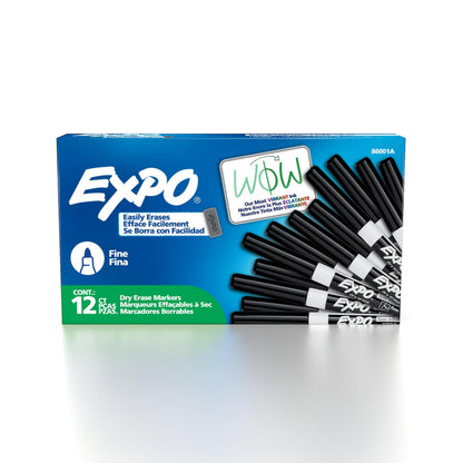 EXPO Dry Erase Markers, Low Odour Ink, Black, Fine Tip, 12 Count Expo