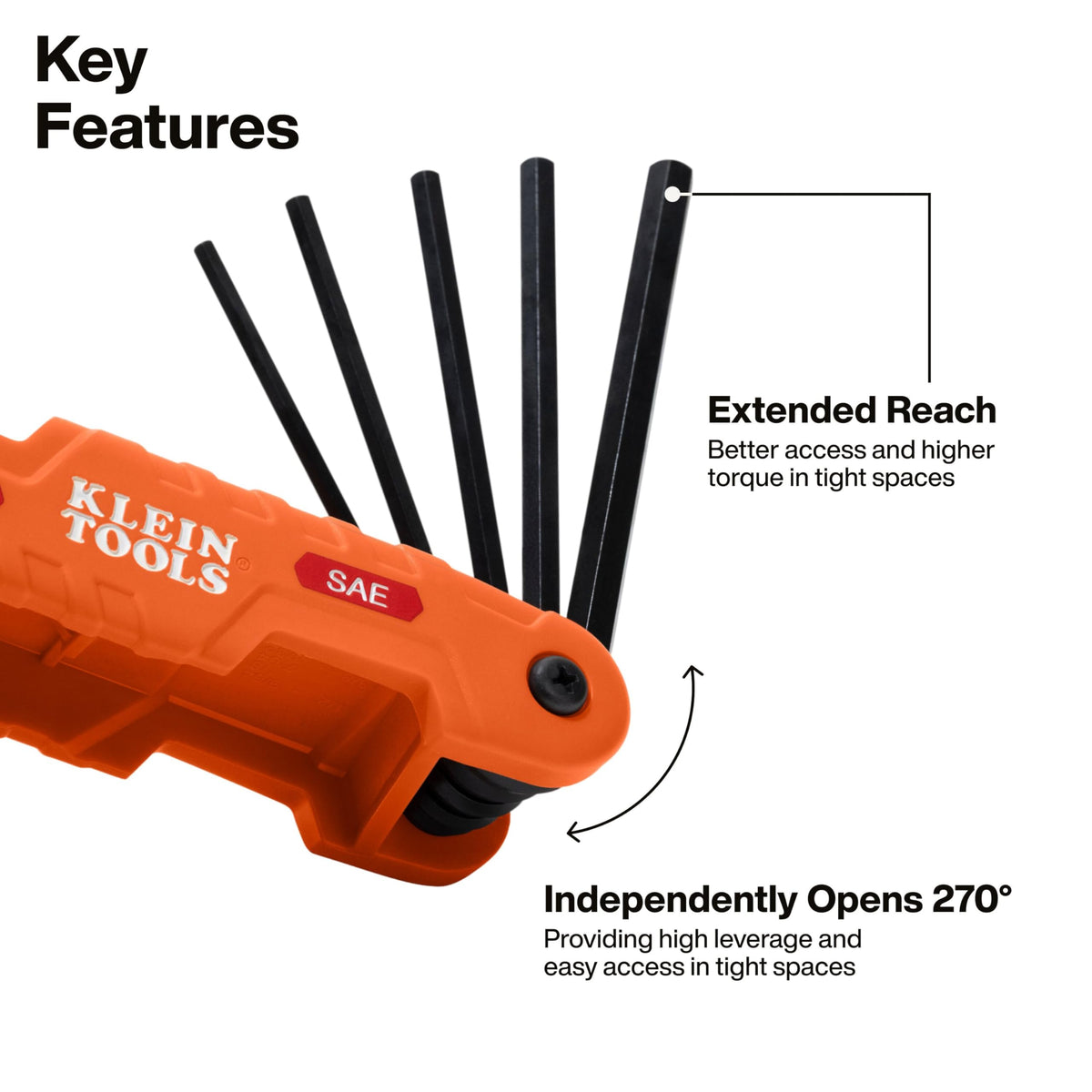 Klein Tools 70550 Hex Wrench Key Set, 11 SAE Sizes, Heavy Duty Folding Allen Wrench Tool with Extra Long Hex Keys