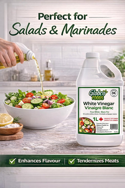Globco Foods Pure White Vinegar 1L - Allergen-Free & Gluten-Free - No Additives - Ideal for Cooking & Cleaning - Multi-Purpose Cleaner for Kitchen, Bathroom & Laundry - Premium Quality- Made in Canada - Available at All In One Marketplace Canada