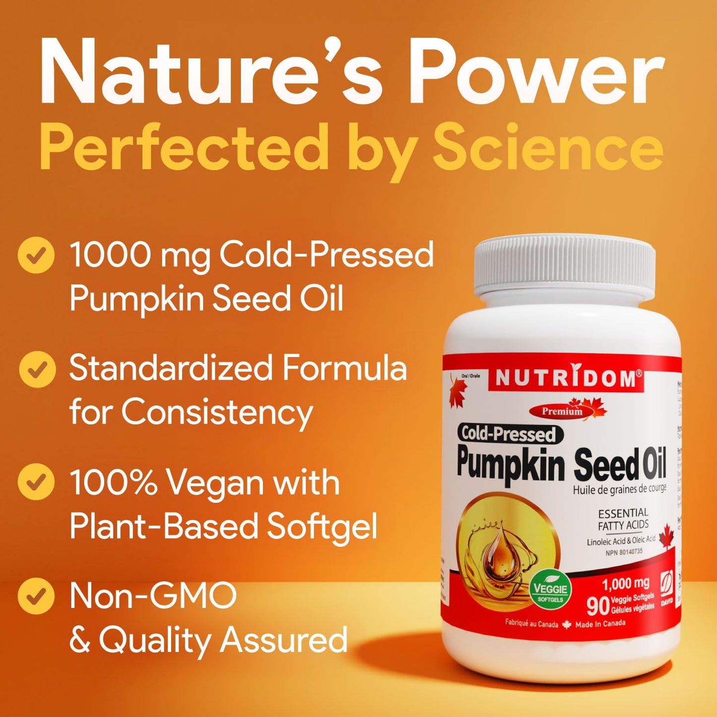 Nutridom Pumpkin Seed Oil Capsules 1000 mg, 90 Veggie Softgels, Cold-Pressed, Essential Fatty Acids, Linoleic & Oleic Acid, Vegan, Non-GMO, Gluten Free, Soy Free, Made in Canada - Available at All In One Marketplace Canada
