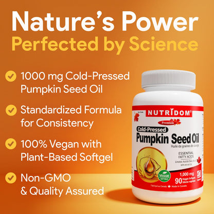 Nutridom Pumpkin Seed Oil Capsules 1000 mg, 90 Veggie Softgels, Cold-Pressed, Essential Fatty Acids, Linoleic & Oleic Acid, Vegan, Non-GMO, Gluten Free, Soy Free, Made in Canada - Available at All In One Marketplace Canada