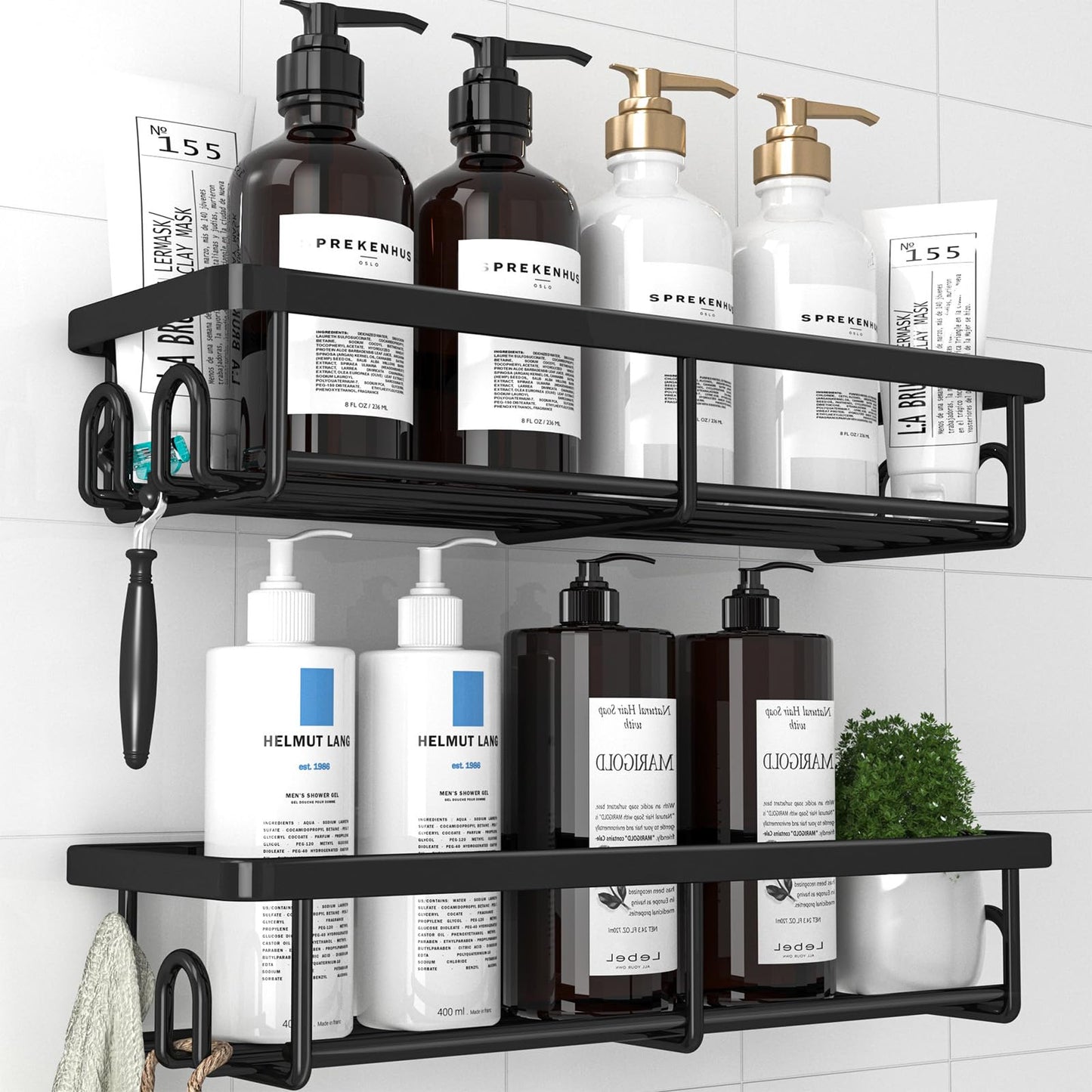 Kitsure Shower Caddy - 2 Pack Rustproof Stainless Steel Shower Organizer, No-Drill & Quick-Dry Shelves with Large Capacity, Durable Rack with 4 Hooks, Large, Black - Available at All In One Marketplace Canada