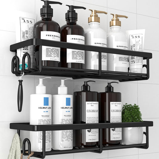 Kitsure Shower Caddy - 2 Pack Rustproof Stainless Steel Shower Organizer, No-Drill & Quick-Dry Shelves with Large Capacity, Durable Rack with 4 Hooks, Large, Black - Available at All In One Marketplace Canada