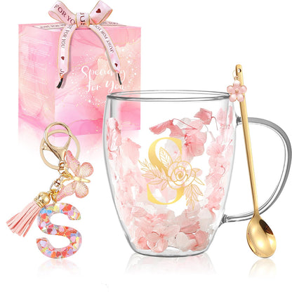 Gift for Women Cute Double Wall Glass Coffee Mug Tea Cup with Spoon Personalized Monogrammed Gift Birthday Christmas Valentine Mother's Day Christmas for Mom Wife Friends Stocking Stuffers (S) 🍁 All In One Marketplace Canada