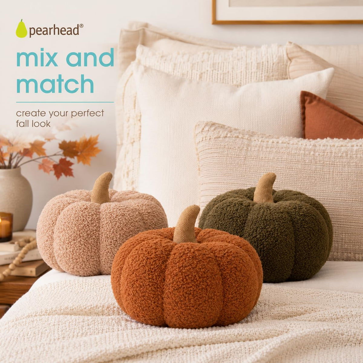 Pearhead Sherpa Pumpkin Pillow Decor, Modern Fall Home, Rust Orange