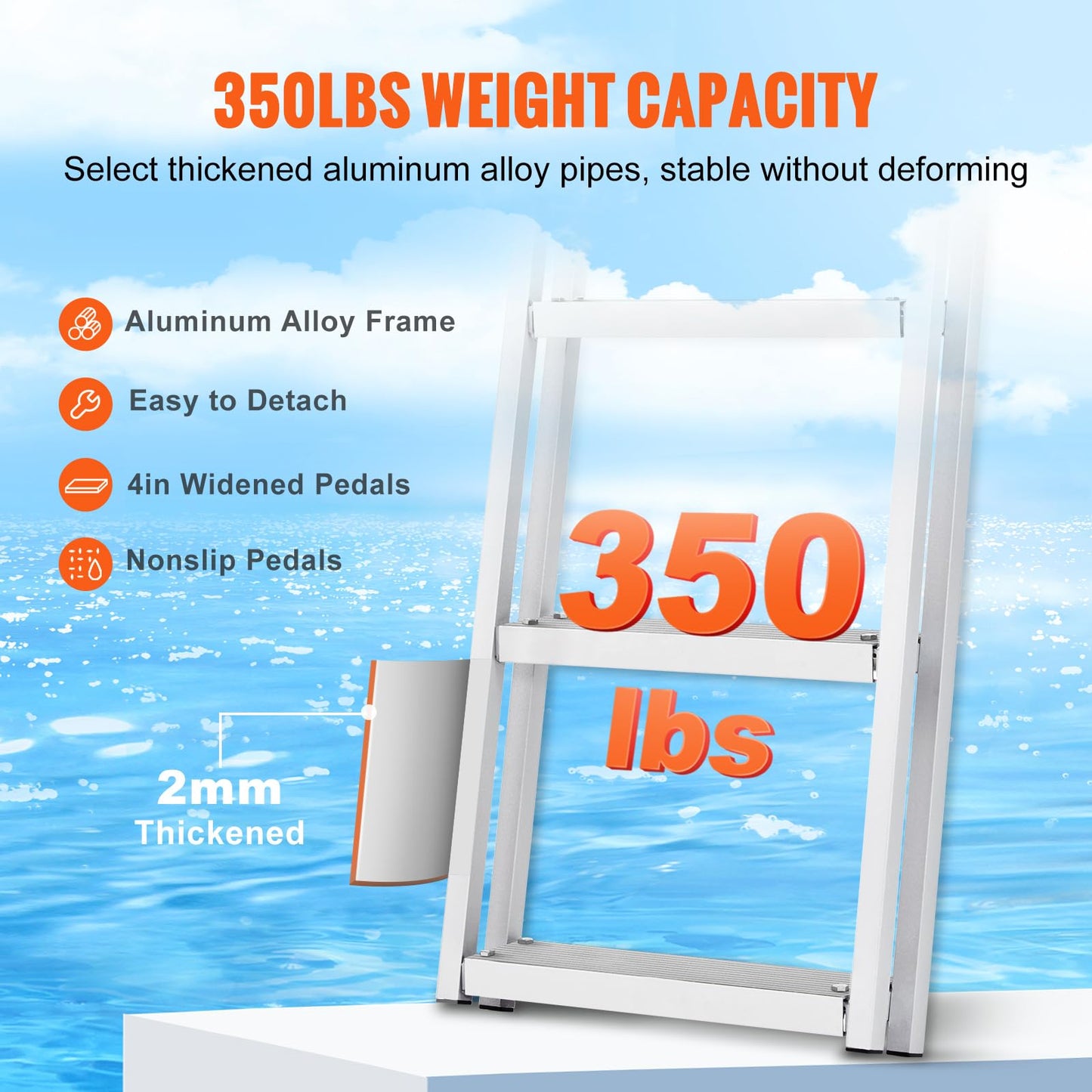 VEVOR Dock Ladder, Removable 4 Steps, 350 lbs Load Capacity, Aluminum Alloy Pontoon Boat Ladder with 4'' Wide Step & Nonslip Mat, Easy to Install for Ship/Lake/Pool/Marine Boarding VEVOR