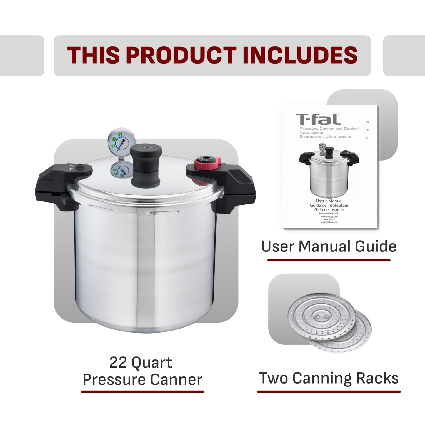 T-fal 22-Quart Aluminum Pressure Canner, 3 PSI Settings, Includes Racks & Guide, Large Capacity, Pressure & Water Bath for Vegetables, Meats, Seafood & Fruits, Silver T-Fal