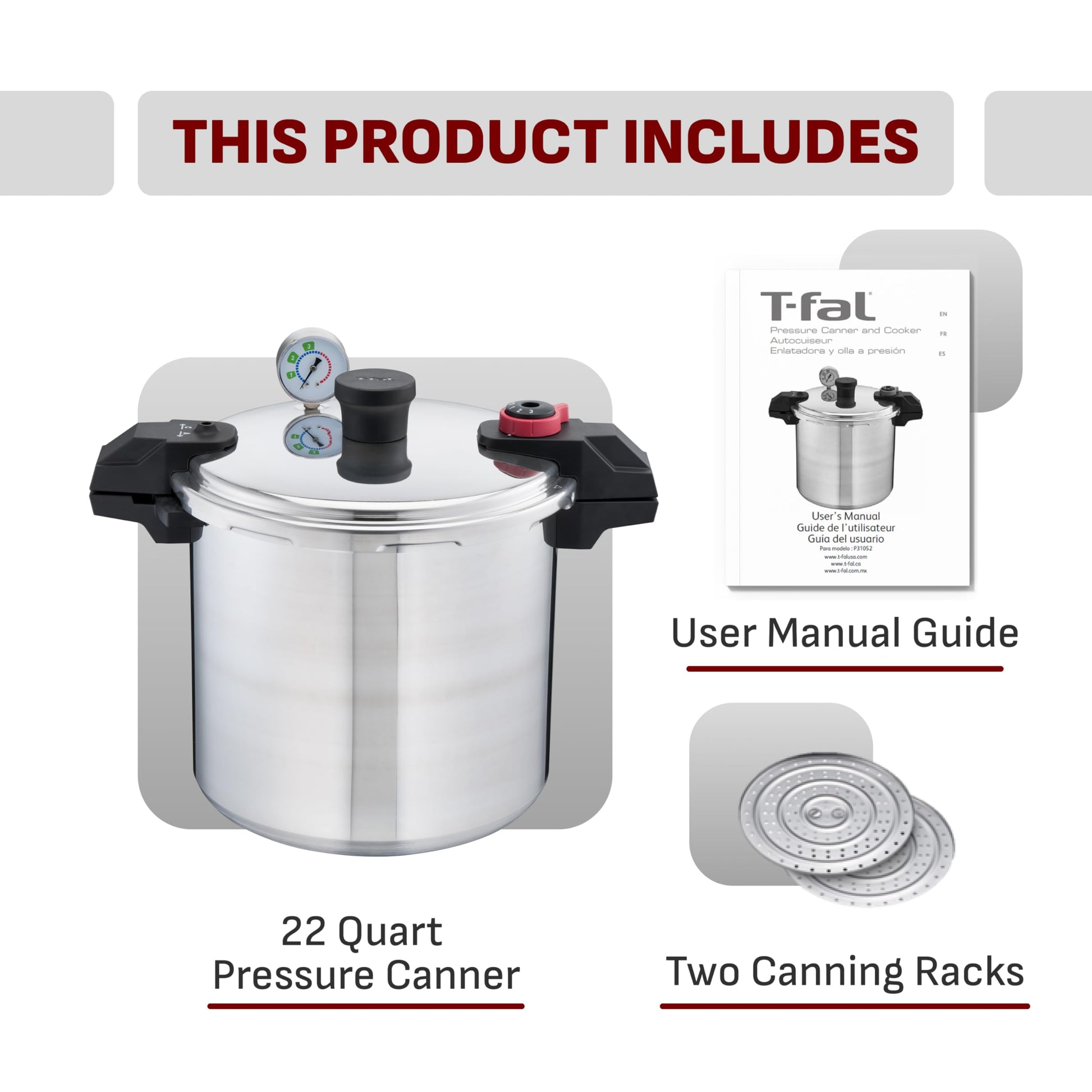 T-fal 22-Quart Aluminum Pressure Canner, 3 PSI Settings, Includes Racks & Guide, Large Capacity, Pressure & Water Bath for Vegetables, Meats, Seafood & Fruits, Silver T-Fal
