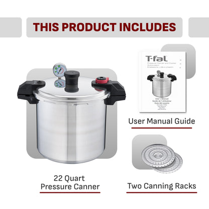 T-fal 22-Quart Aluminum Pressure Canner, 3 PSI Settings, Includes Racks & Guide, Large Capacity, Pressure & Water Bath for Vegetables, Meats, Seafood & Fruits, Silver T-Fal