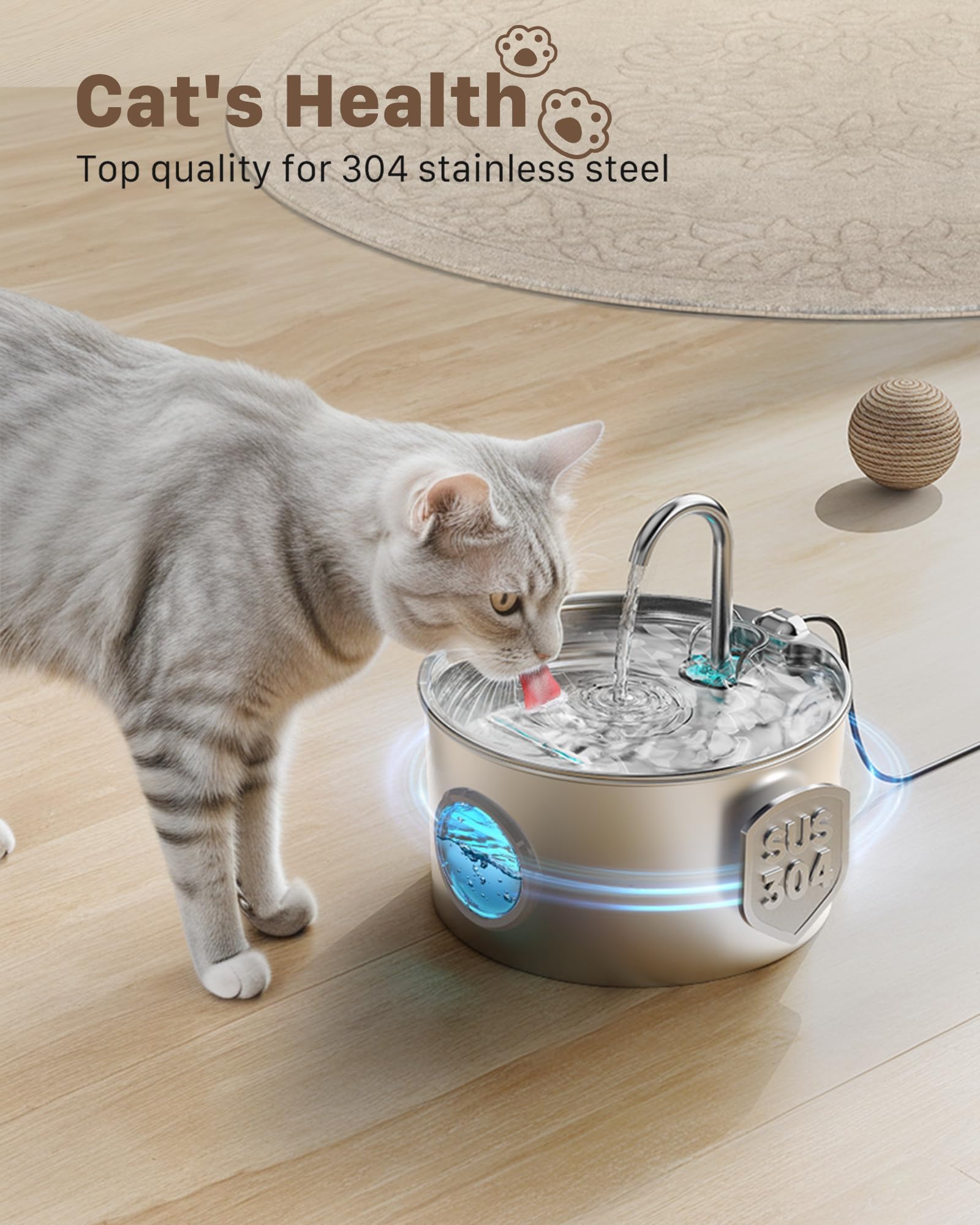 Stainless Steel Cat Water Fountain: Cat Water Dispenser - with 6 Filters + 3 Sponges - 2.2L Waters Fountain Indoor Pet - Pet Dispenser - Quiet Automatic Dog Drinking Bowl