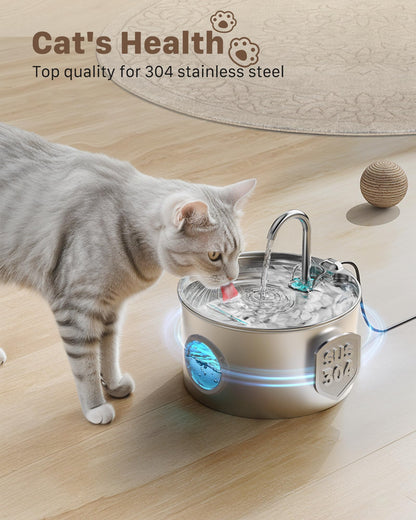 Stainless Steel Cat Water Fountain: Cat Water Dispenser - with 6 Filters + 3 Sponges - 2.2L Waters Fountain Indoor Pet - Pet Dispenser - Quiet Automatic Dog Drinking Bowl
