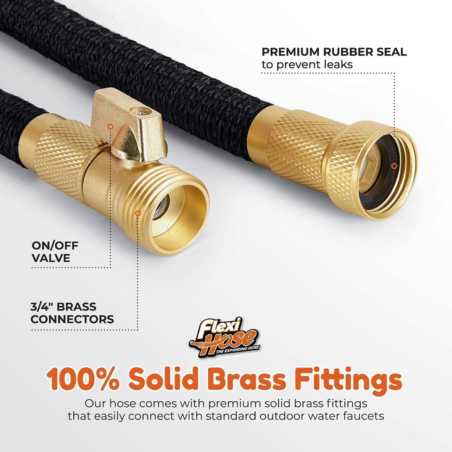 Flexi Hose Expandable Garden Hose, Lightweight & No-Kink Flexible Garden Hose, 3/4 inch Solid Brass Fittings and Double Latex Core, 100 ft Black