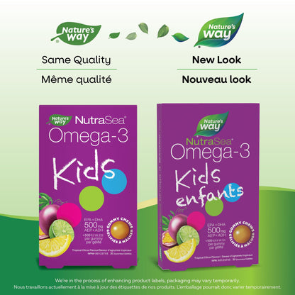 Nature's Way NutraSea Omega 3 Kids Gummy Chews Supplement with Fish Oil – Tropical Citrus Flavour – Brain, Bone & Immune Support for Kids Ages 3+ – 500mg EPA & DHA + 500IU Vitamin D3, 30 Gummies - Available at All In One Marketplace Canada