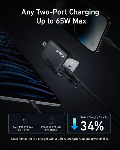 Anker Prime 67W USB C Charger, Anker GaN 3-Port Compact Fast PPS Wall Charger, for MacBook Pro/Air, Pixelbook, iPad Pro, iPhone 17/16/15/Pro, Galaxy S25/S24, Note20, Pixel, Apple Watch