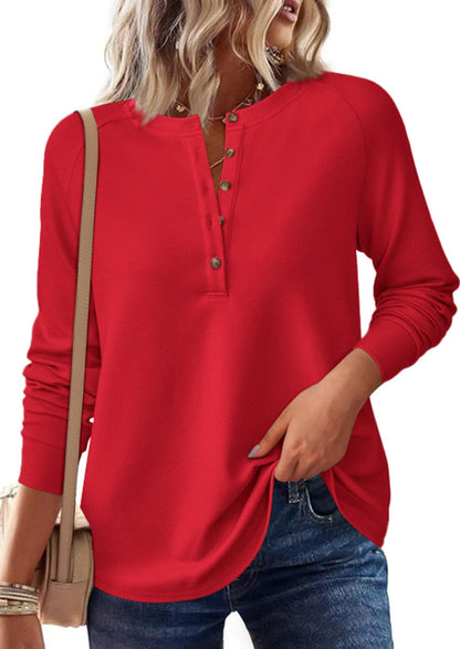 PRETTYGARDEN Women Long Sleeve Waffle Knit Shirt 2026 Spring Casual Button V Neck Loose Henley Tops Basic Tees Winter Clothes(Red,X-Large) 🍁 All In One Marketplace Canada