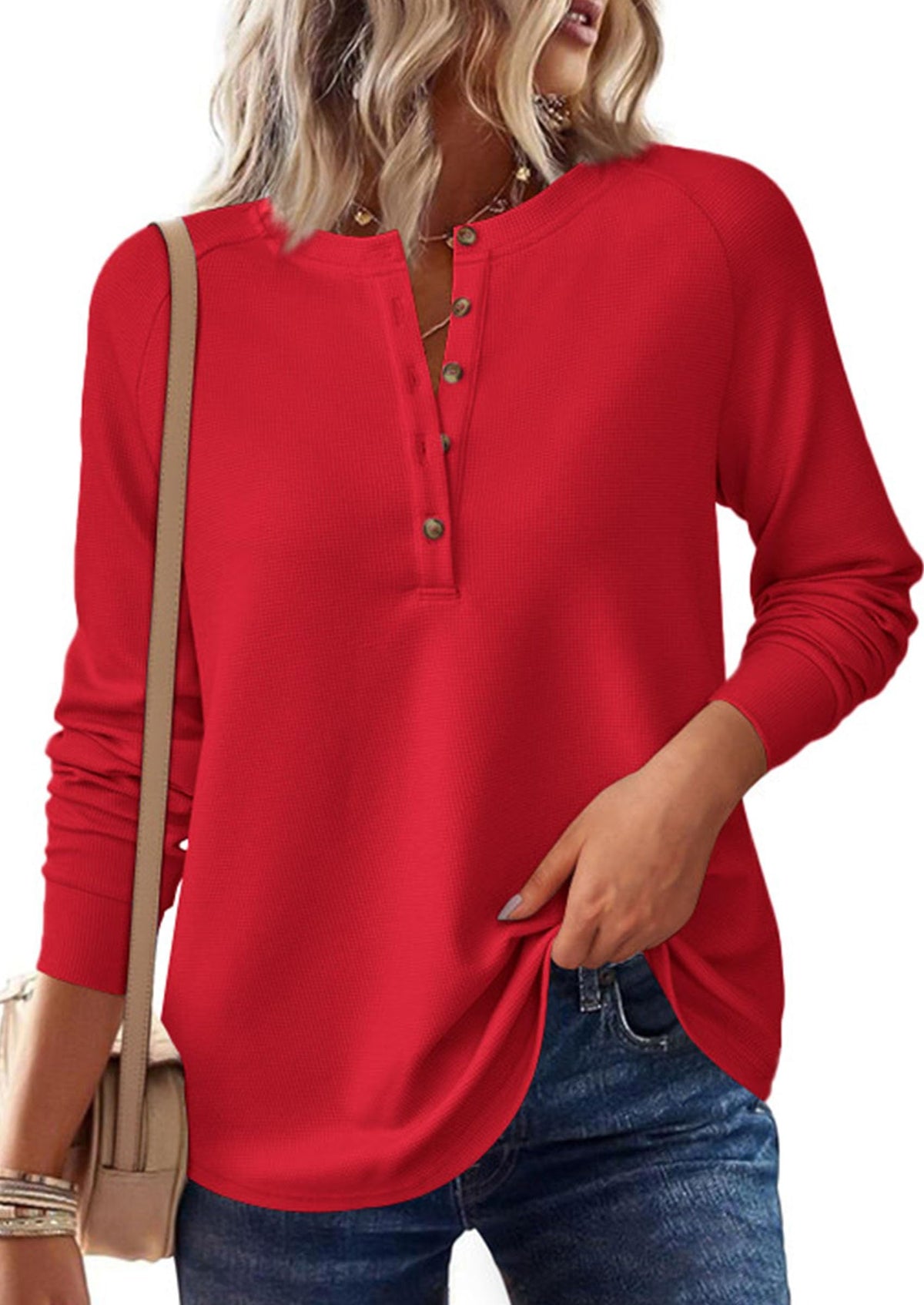 PRETTYGARDEN Women's Long Sleeve Waffle Knit Henley Shirts Red,M 🍁 All In One Marketplace Canada
