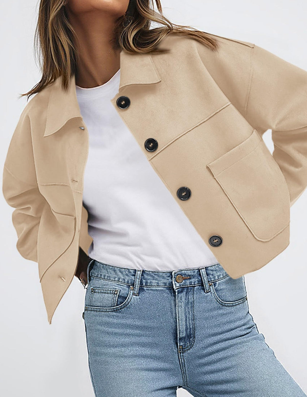 PRETTYGARDEN Women's Faux Suede Lightweight Cropped Jacket Beige,S 🍁 All In One Marketplace Canada